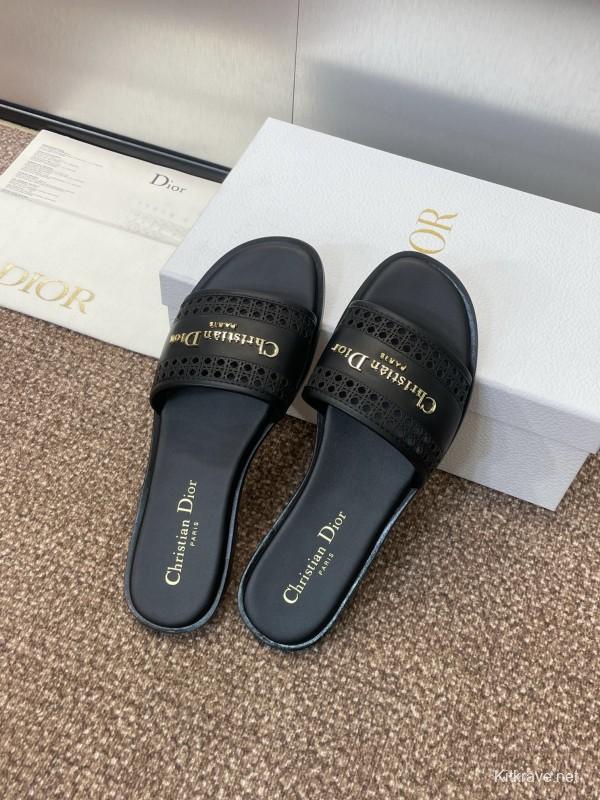 2025 Women Dior Black Leather Slides