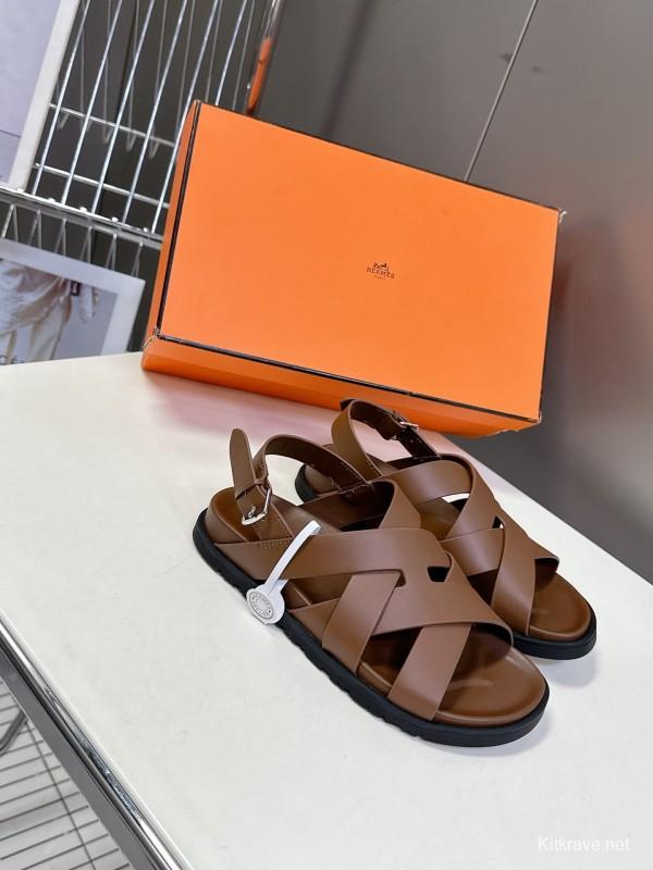 2025 Women Hermès Brown Leather Sandals