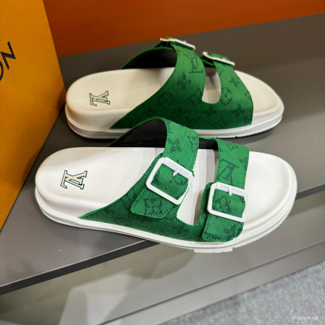 2024 Men Louis Vuitton Green Silk Leather Sandals MJ00210