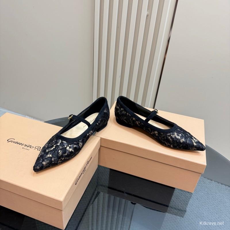 2025 Women Gianvito Rossi Black Lace Leather Mary Jane KFY00260