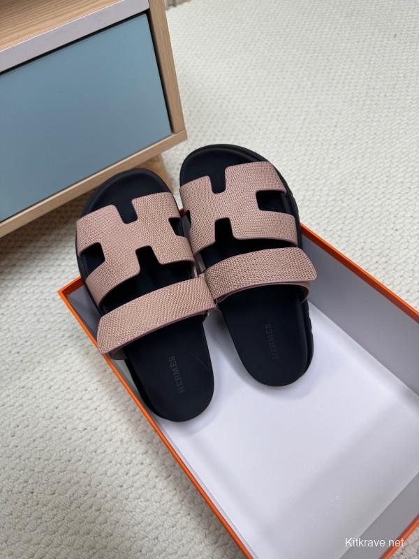 2025 Women Hermès Beige Black Leather Slippers