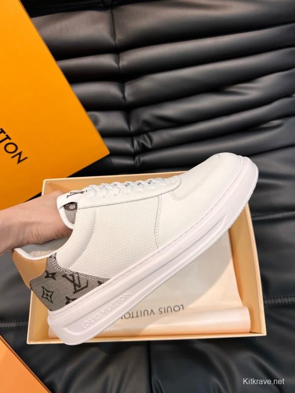 2024 Unisex Louis Vuitton White Brown Mesh Leather Sneakers MJ00400