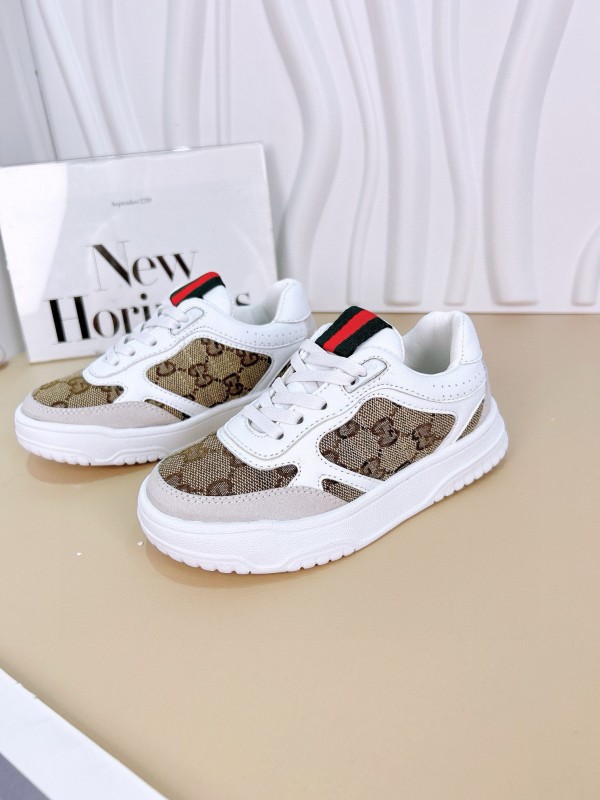 2024 Kids Gucci White Brown Cotton Leather Sneakers