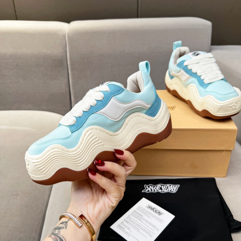 2025 Unisex HEYDAY Blue White Canvas Leather Wave Sneakers KFY00260
