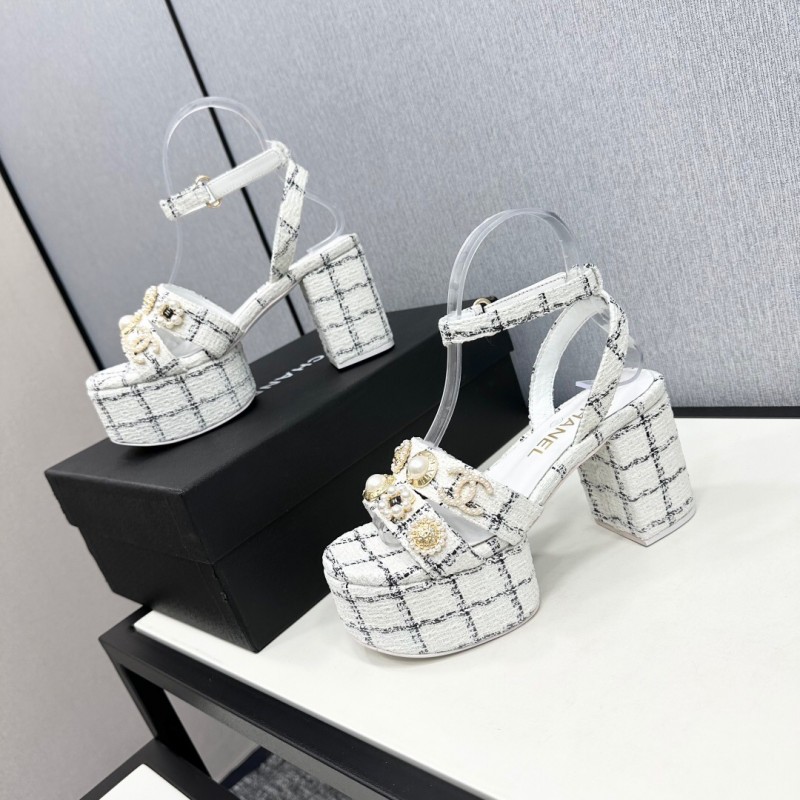 2025 Women Chanel White Black Fabric Platform Sandals Pearl Embellishment
