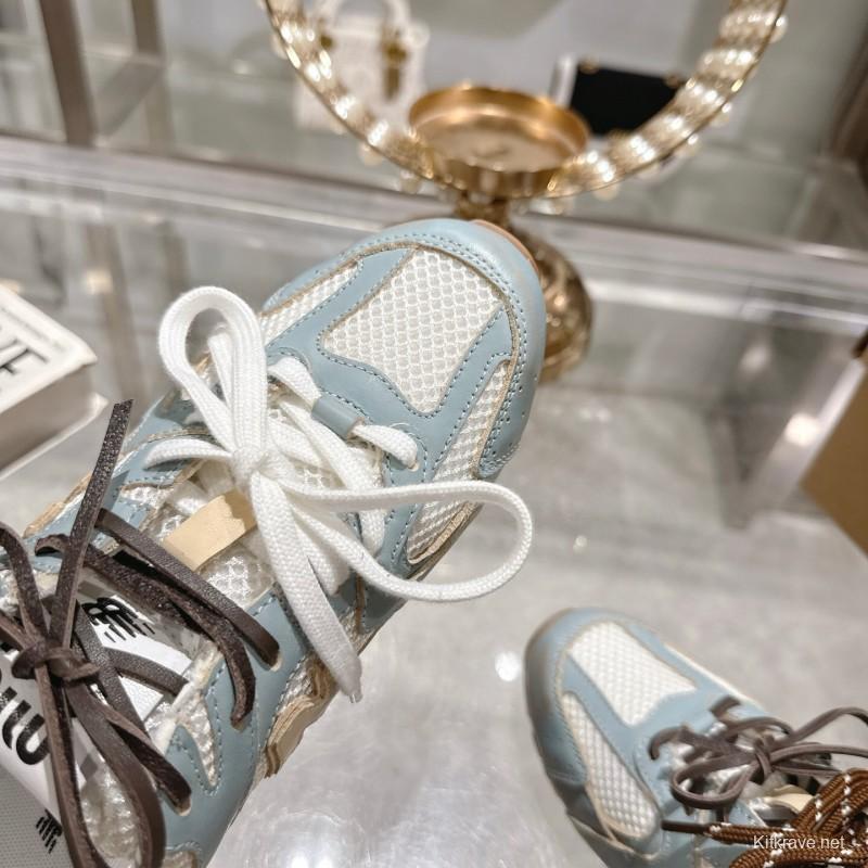 2025 Women Miumiu Light Blue White Leather Mesh Sneakers