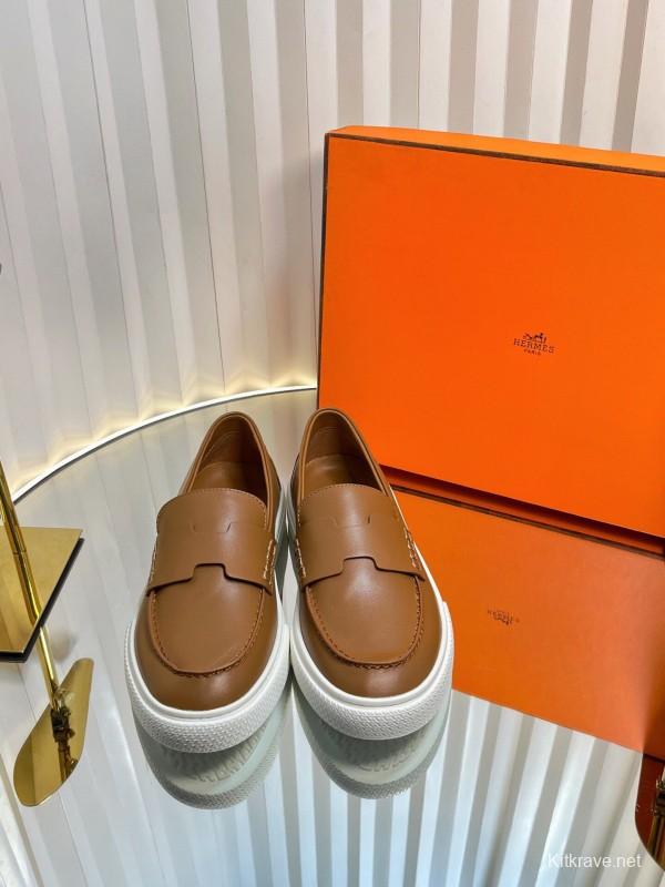 2025 Unisex Hermès Brown Leather Fabric Loafers Slip-On LY00310(F)/LY00320(M)