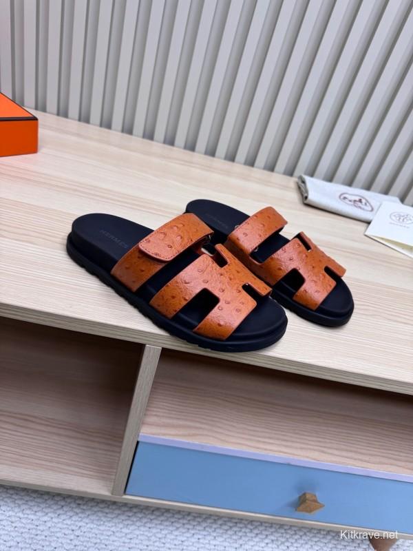2025 Women Hermès Brown Black Leather Slippers