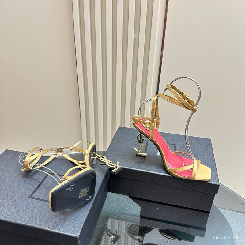 2025 Women Yves Saint Laurent Yellow Silk Strappy Heels