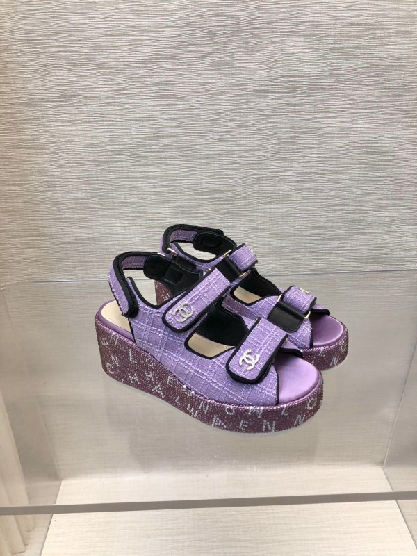 2025 Slippers Chanel Purple Fabric Wedge Sandals