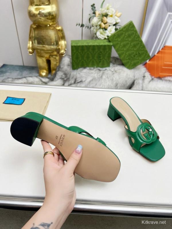 2025 Gucci Green Leather Slippers MJ00190/225