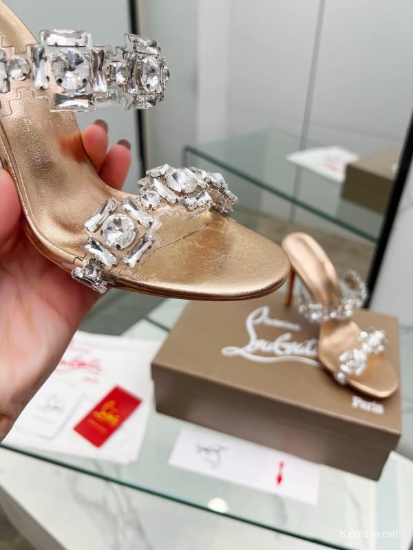 2025 Women Christian Louboutin Gold Leather High Heel Sandals LY00300