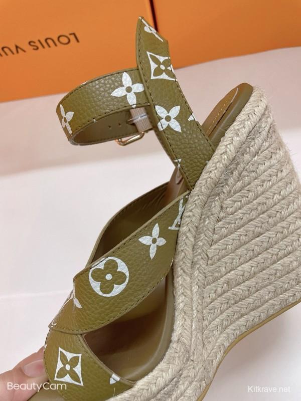 2025 Women Louis Vuitton Pink Beige Green Leather Denim Espadrilles Sandals MJ00280