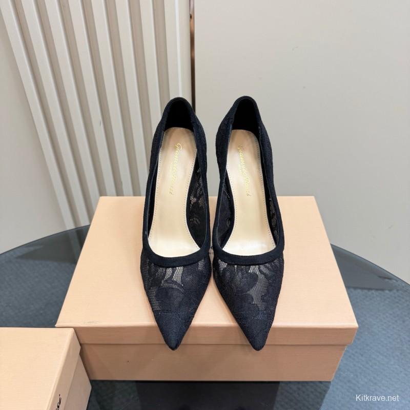 2025 Women Gianvito Rossi Black Lace Leather High Heel KFY00280