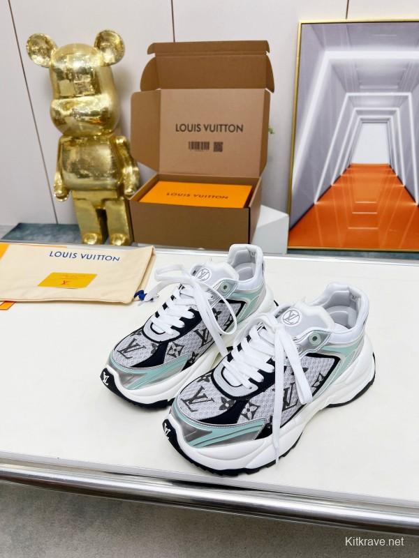 2025 Women Louis Vuitton White Black Mint Leather Mesh Sneakers LY00340