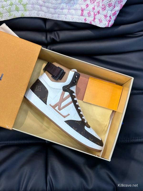 2024 Men Louis Vuitton White Brown Leather High Top Sneakers MJ00420