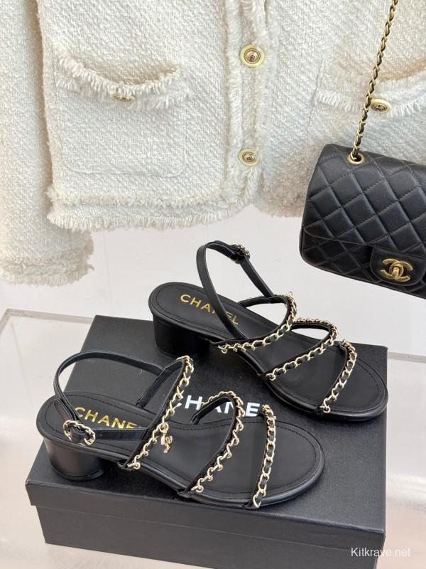 2025 Women Chanel Black Leather Sandals Chain KFY00270