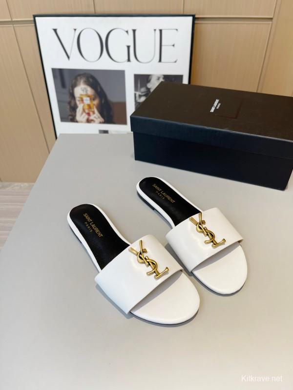 2025 Women Yves Saint Laurent White Leather Slippers LY00180