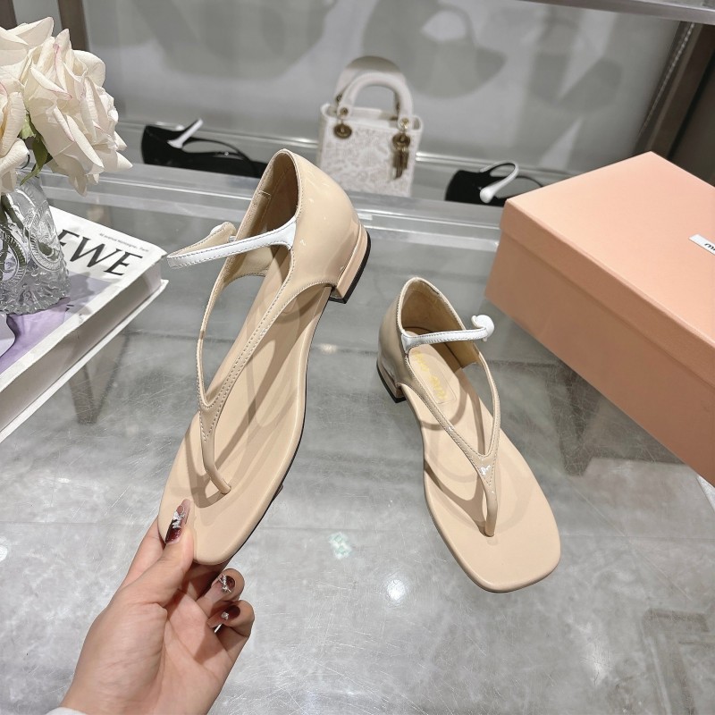 2025 Women MiuMiu Beige Leather T-Strap Sandals With Clear Heel KFY00289(F)