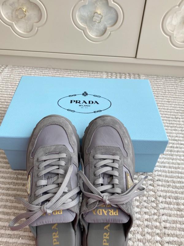 2025 Women Prada Grey Suede Nylon Sneakers LY00290