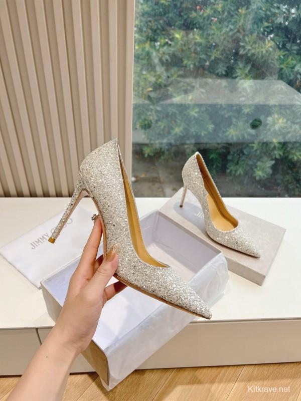 2025 Women Jimmy Choo Silver Glitter Leather Pointed Toe Pumps KFY00280