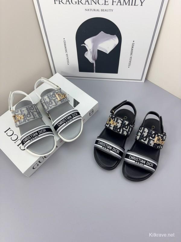 2025 Kids Dior Gray Black Canvas Leather Sandals
