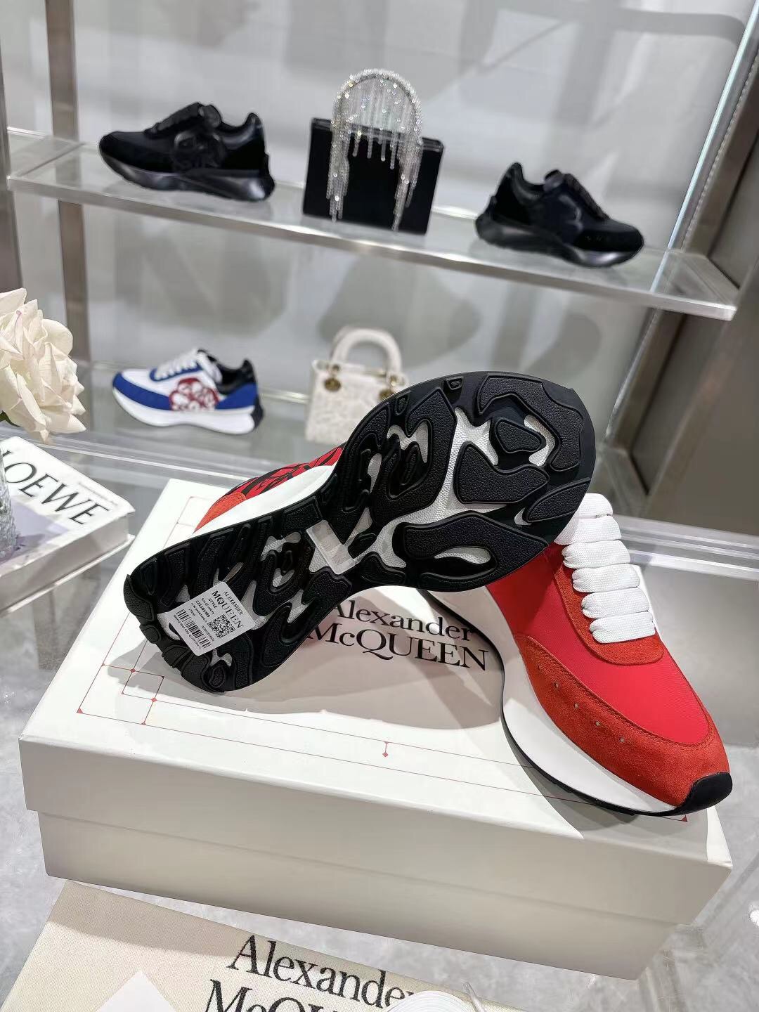 2025 Women Alexander McQueen Red Black Leather Suede Sneakers LY00340