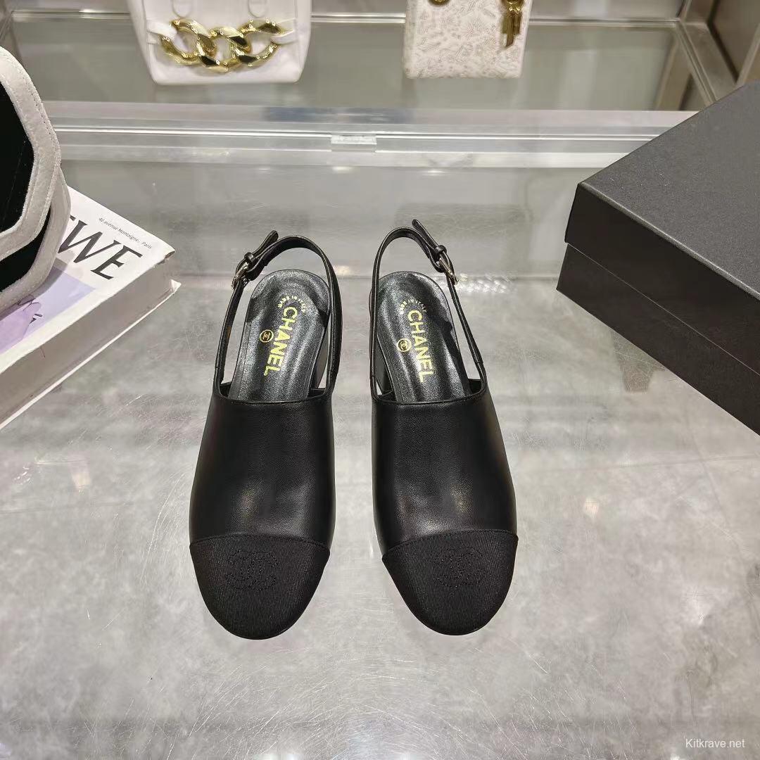 2025 Women Chanel Black Leather Slingback Heels LY00300