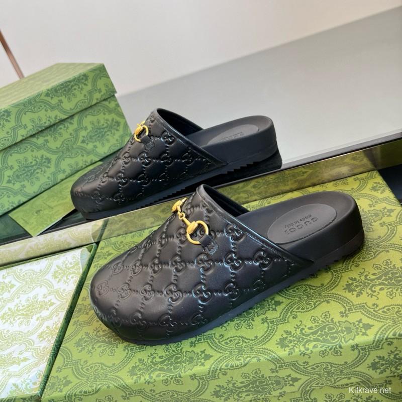 2024 Slippers Gucci Black Leather GG Pattern Horsebit MJ00280