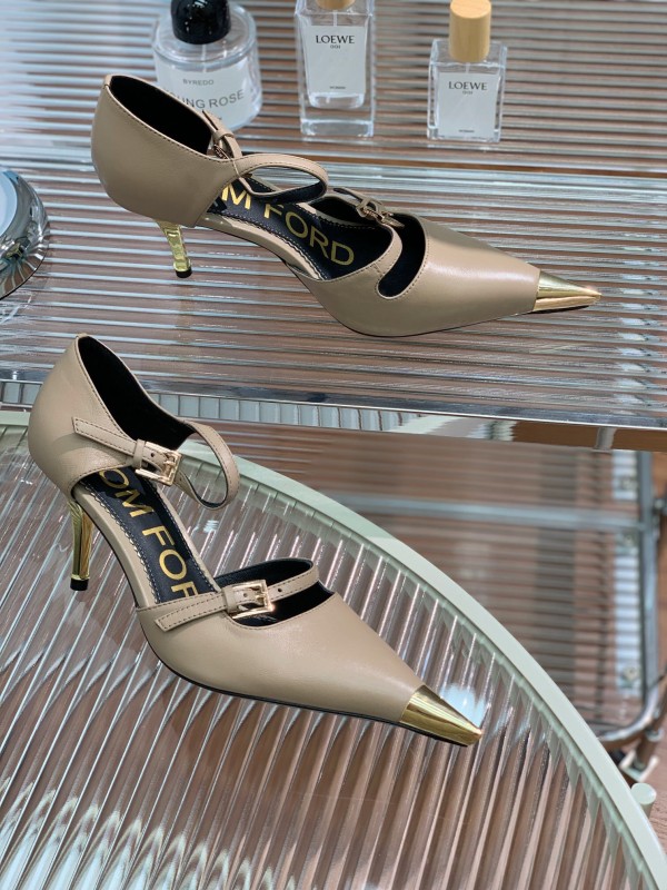 2025 Women TOM FORD Beige Leather Pointed Toe Metal Tip Pumps KFY00320