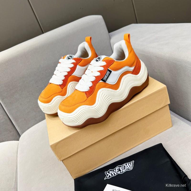 2025 Women HEYDAY Orange White Suede Canvas Wave Sneakers KFY00260