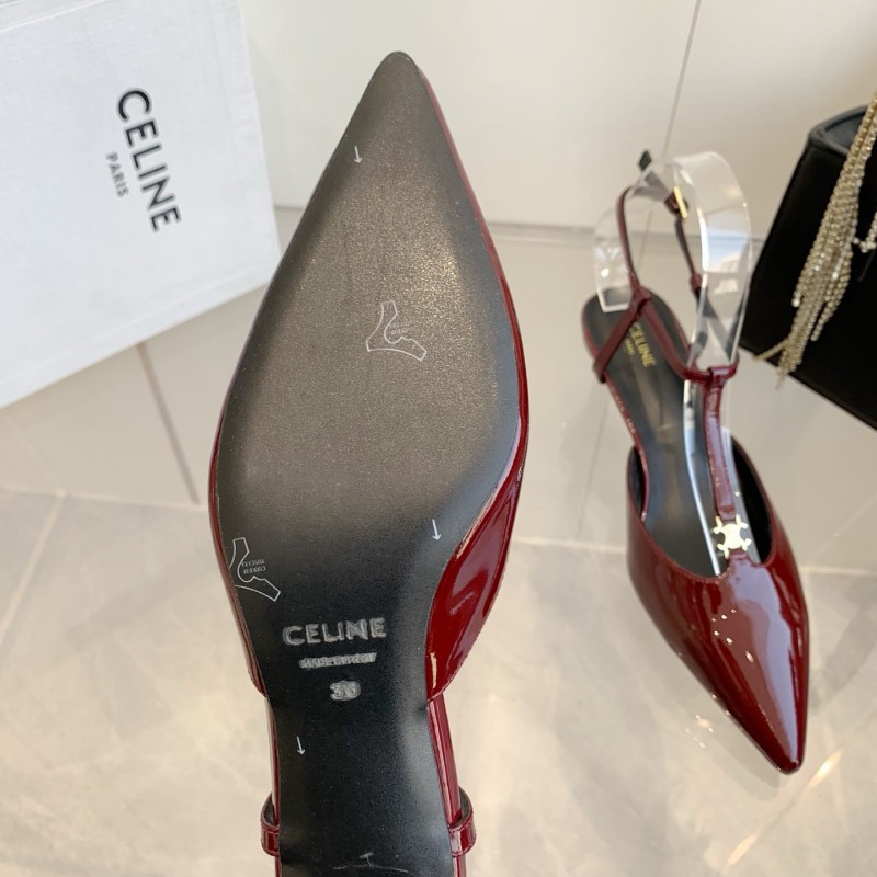 2025 Women Celine Red Patent Leather T-Strap Low Heel