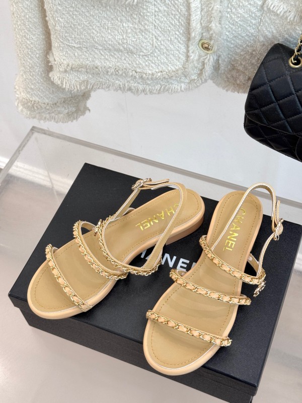 2025 Women Chanel Beige Leather Sandals KFY00270