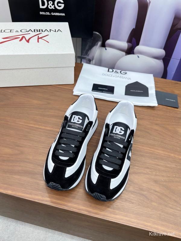 2025 Unisex Dolce & Gabbana Black White Mesh Suede Sneakers LY00300