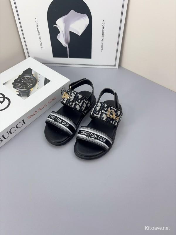 2025 Kids Dior Gray Black Canvas Leather Sandals