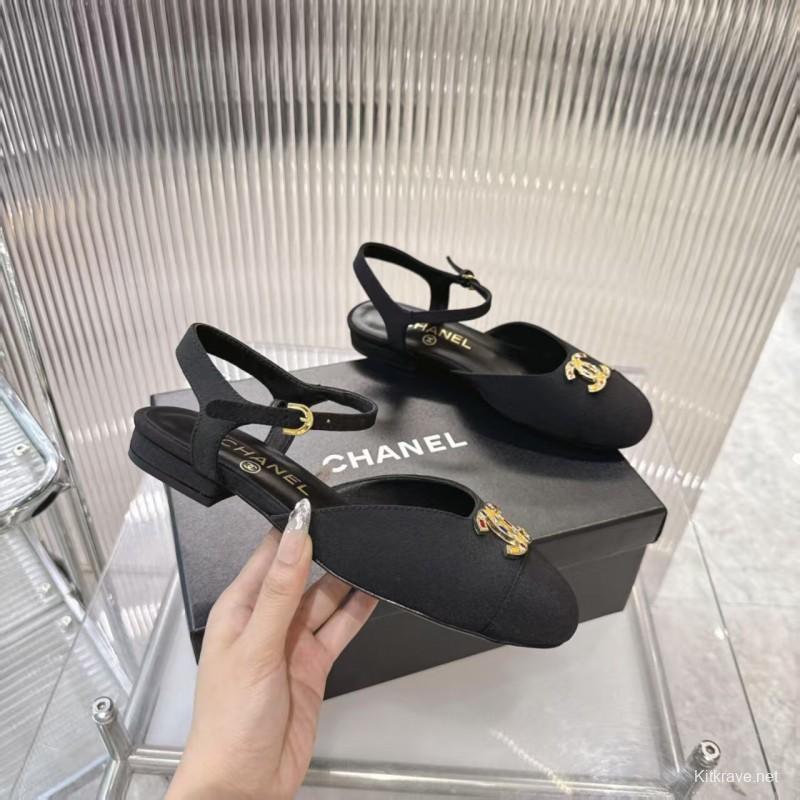 2025 Women Chanel Black Fabric Slingback Sandals