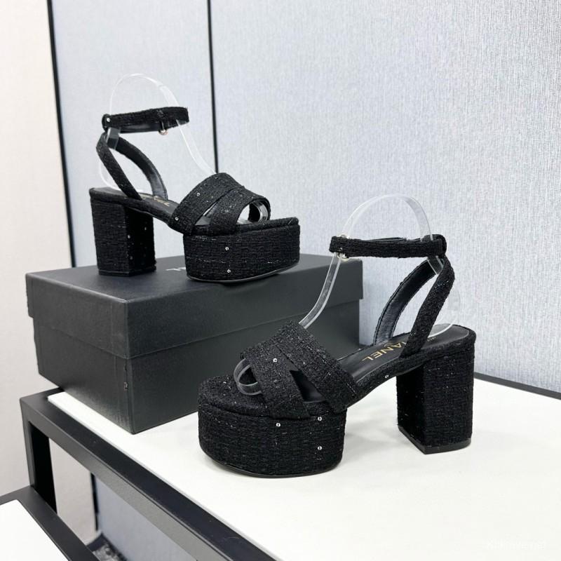 2025 Women Chanel Black Fabric Platform Sandals MJ00310