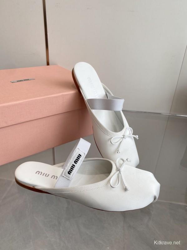 2025 Women Miumiu White Satin Ballet Flats Elastic Band KFY00280