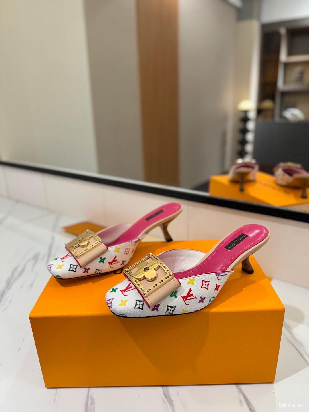 2025 Women Louis Vuitton White Pink Leather Mules