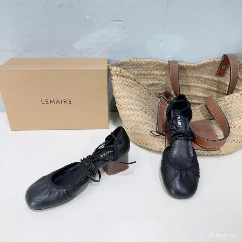 2025 Women LEMAIRE Black Leather Mary Jane Lace-up Shoes