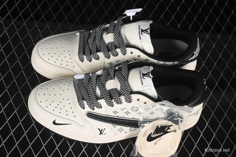 Nike Travis Scott x Fragment Design x Air Jordan 1 Low OG SP AJ1 Low Top Casual Sneakers with Metallic Black Swoosh - YX5066-335