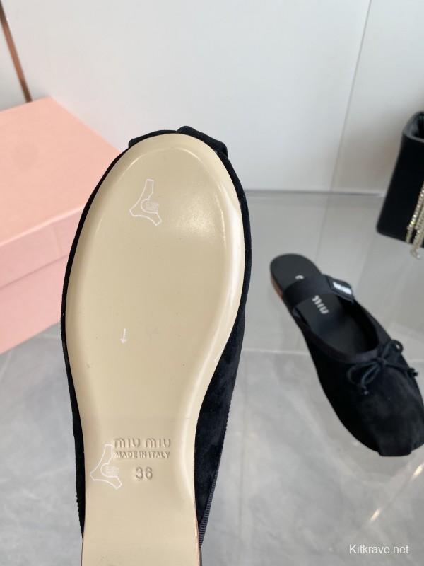 2025 Women Miu Miu Black Suede Ballet Flat Elastic Band Ballerina Slippers KFY00280