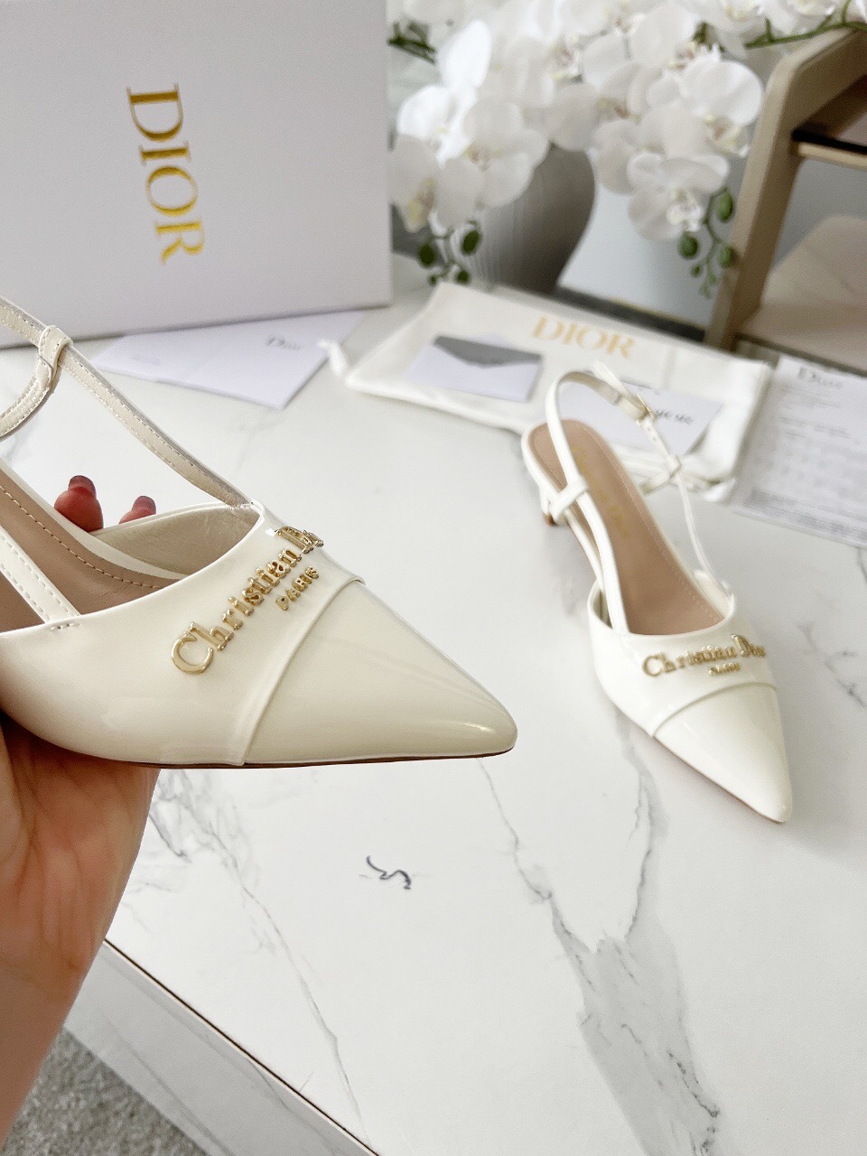 2025 Women Dior Ivory Leather Slingback High Heels KFY00310
