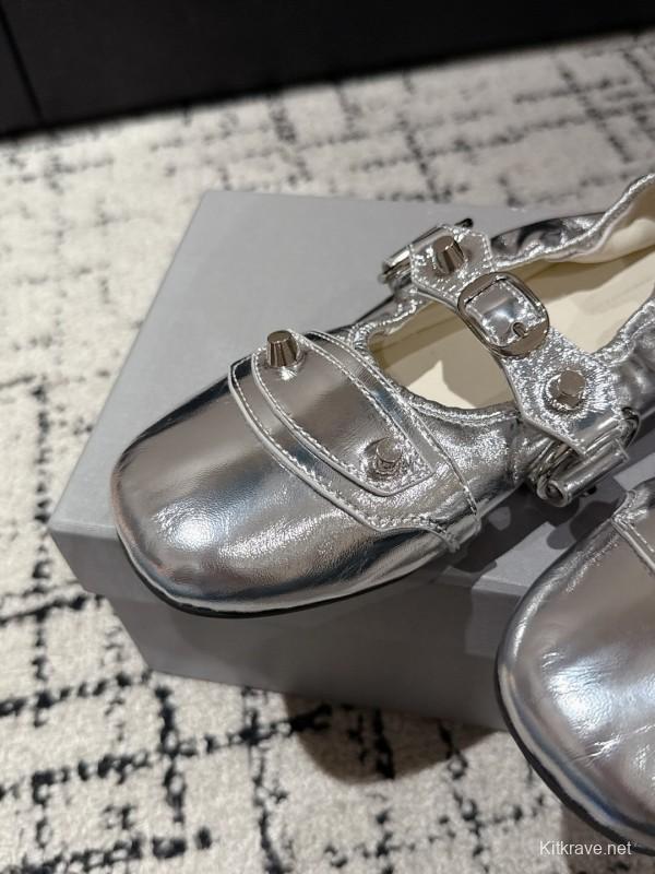2025 Women BALENCIAGA Silver Leather Ballet Flats Metal Buckle KFY00300