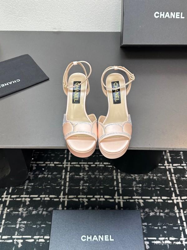 2025 Women Chanel Pink Satin Rhinestone Platform Sandals KFY00320