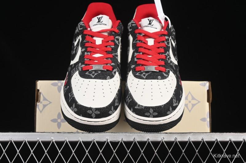 Nike Air Force 1 '07 Low LV Collaboration Black Denim Red Swoosh Casual Sneakers - LW9279-001