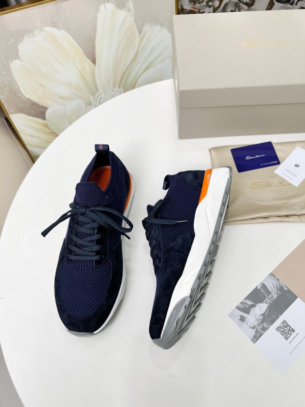 2025 Unisex Santoni Navy Orange Wool Knit Leather Sneakers AS00320