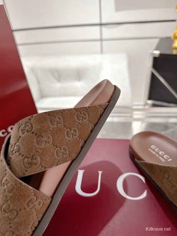2025 Women Gucci Brown Suede Slippers GG Embossed AS00240