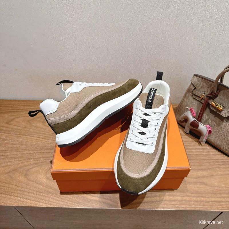 2025 Unisex HERMES White Beige Khaki Fabric Leather Sneakers AS00400