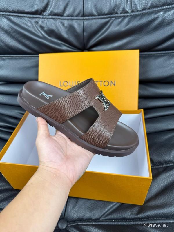 2025 Men Louis Vuitton Brown Leather Slippers AS00170